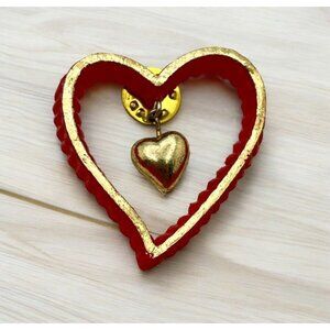 Vintage Sweetheart Brooch Heart Shaped Red Gold Tone Pin Valentines Day Gift